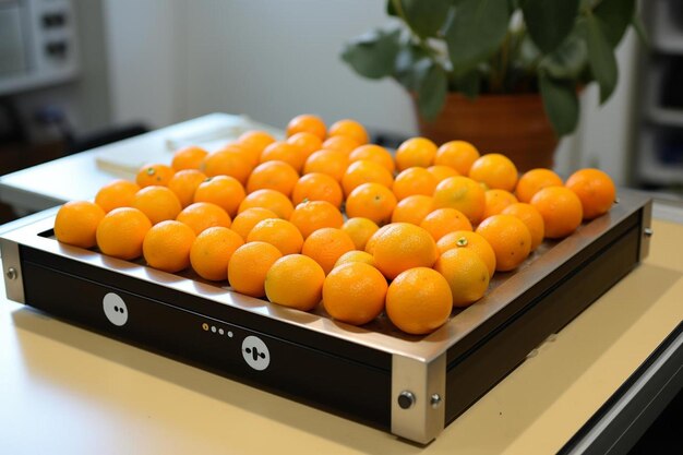 A tray of oranges with the word " f " on it.