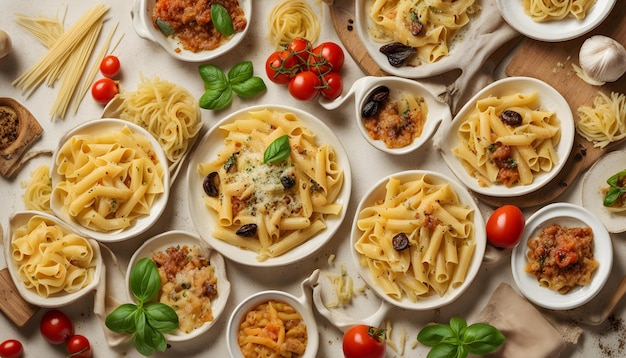 a tray of pasta with tomatoes olives and cheese