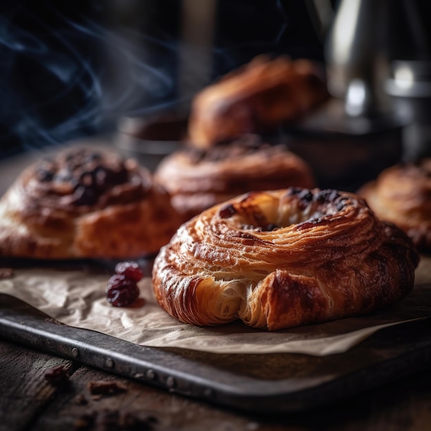 A tray of pastries with a smoke coming out of it