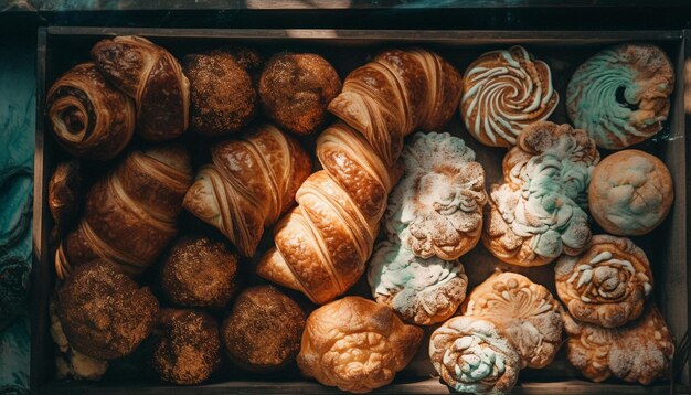 A tray of pastries with a white and green frosting on top.