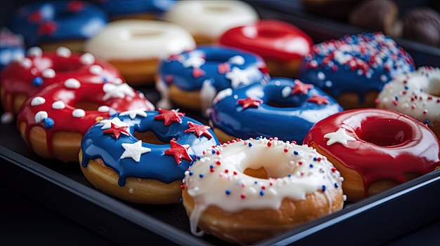 a tray of patriotic red white and blue donuts