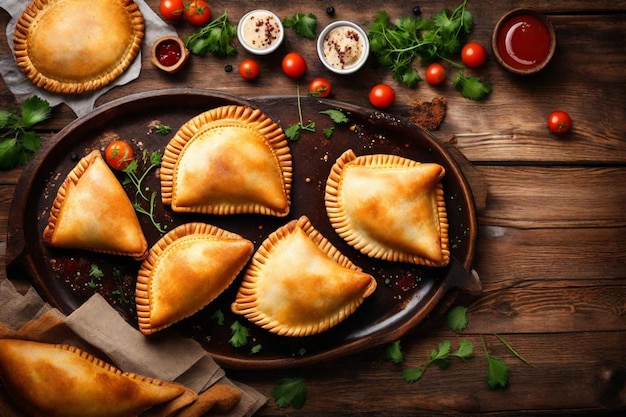 a tray of pies with a plate of pies on it and a plate of food with a red sauce