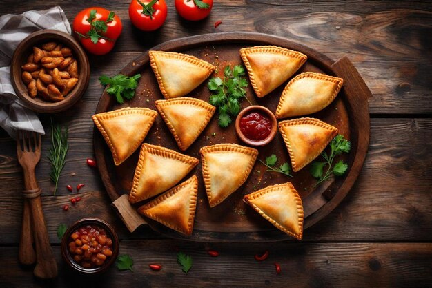 Photo a tray of pies with tomatoes and tomatoes on a wooden table