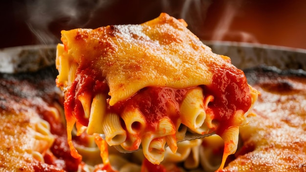 Tray of piping hot pasta bake isolated on an angle for dinner