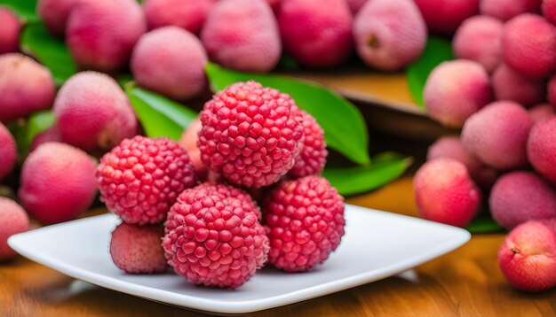 a tray of raspberries with a tray of leaves on it