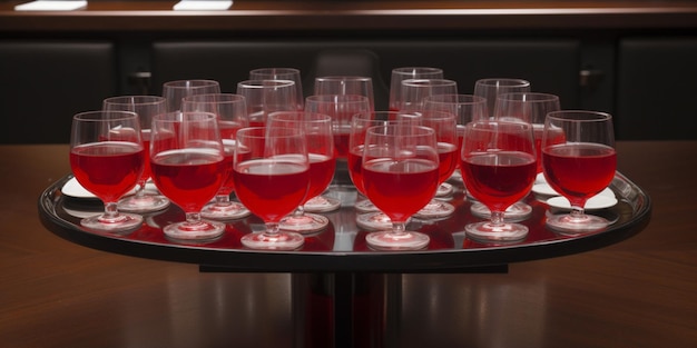 A tray of red wine glasses with one that says'red wine'on it