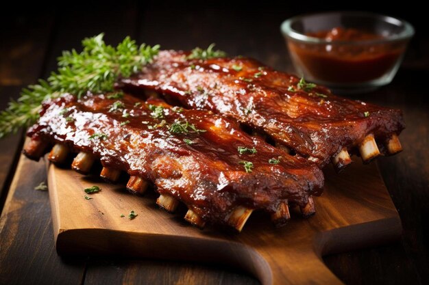 A tray of ribs with a bowl of sauce and a bowl of sauce.