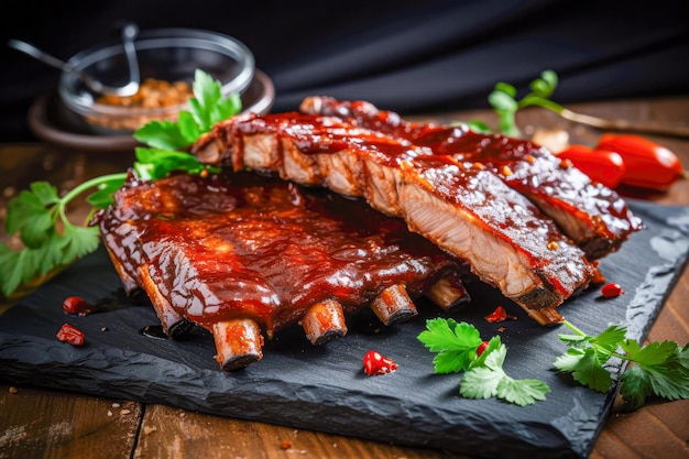 A tray of ribs with a side of meat on the table.