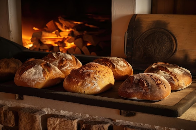 Tray of rustic handmade breads baked in woodburning oven created with generative ai