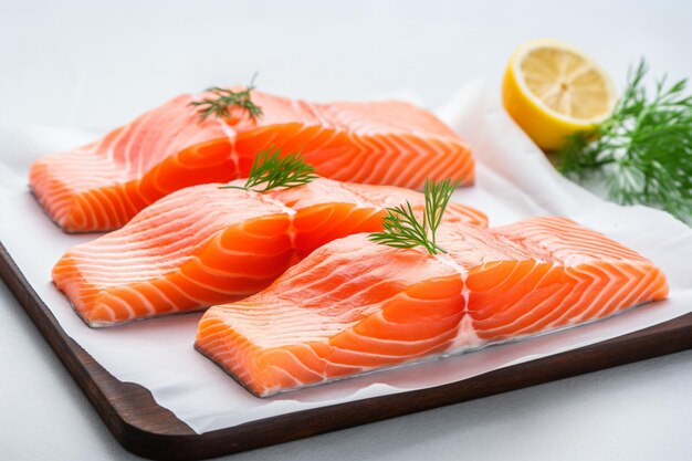 Foto un vassoio di salmone con un cuneo di limone