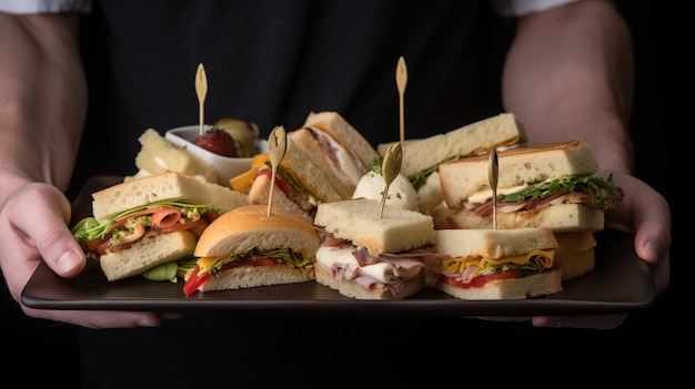 A tray of sandwiches with a tray of sandwiches