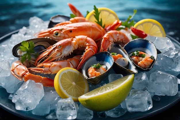a tray of seafood with shrimp and lemons and lemons