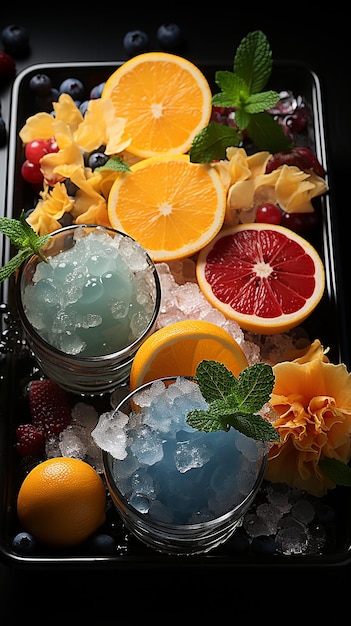 Tray of Shaved Ice with Orange Popsicles and Fruit