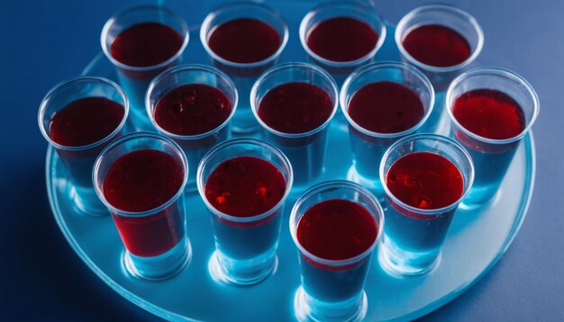 A tray of shot glasses filled with red liquid