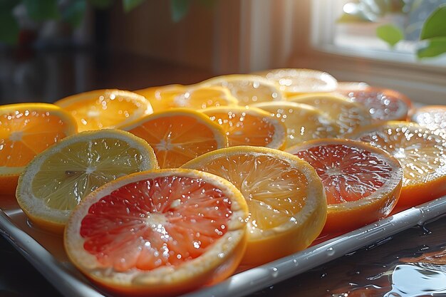 Tray of Sliced Oranges and Lemons on Table