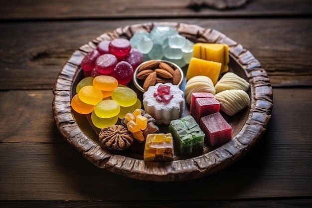 a tray of soaps and snacks with a red star on the top.