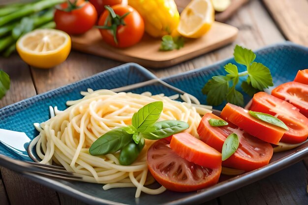 A tray of spaghetti with tomatoes and basil