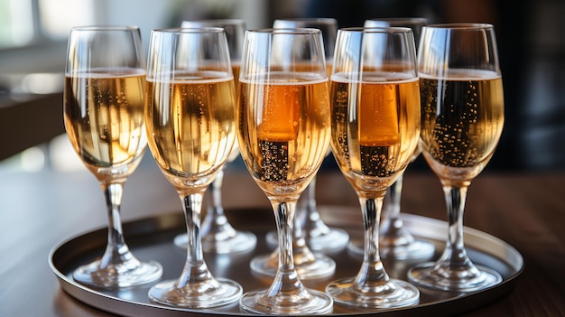 A tray of sparkling champagne