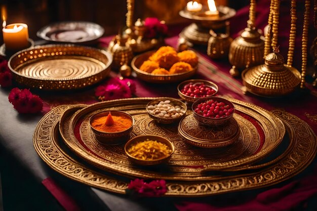 A tray of spices and a candle on a table