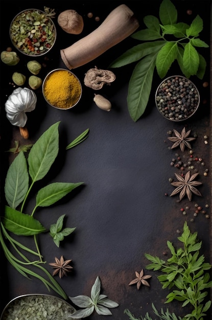 A tray of spices and herbs on a dark background