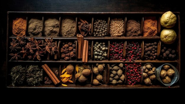 A tray of spices and herbs with one that says'spice '