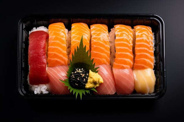 Photo tray sushi salmon varieties for delivery