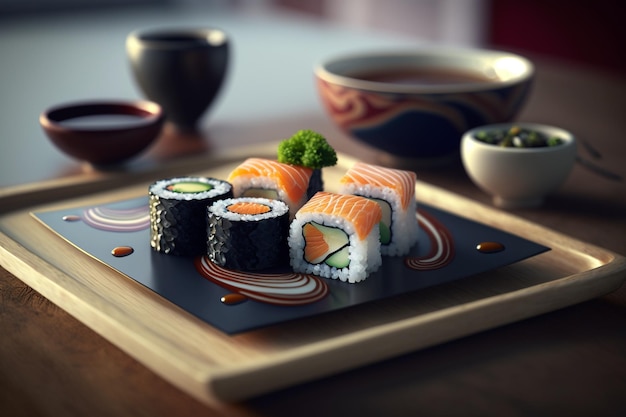 A tray of sushi and sauces with a variety of ingredients