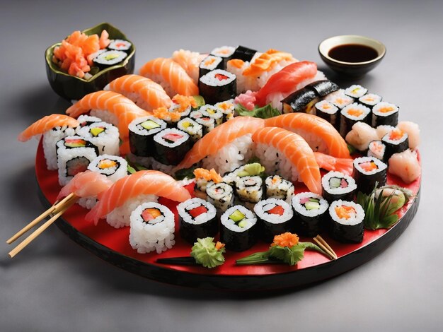 a tray of sushi with a black tray of sushi