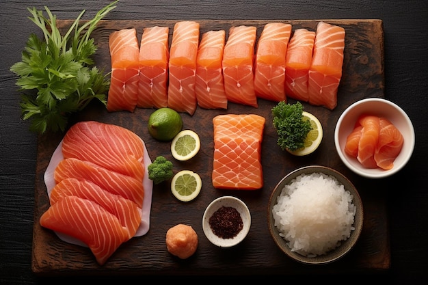 a tray of sushi with a bowl of rice and vegetables.