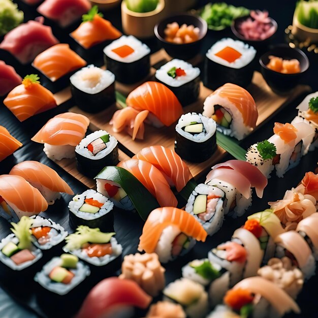 Photo a tray of sushi with different types of sushi on it