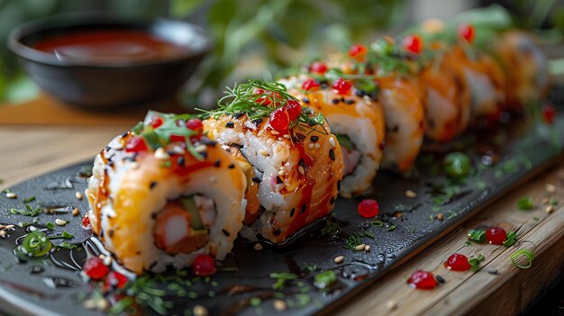 a tray of sushi with different types of sushi on it