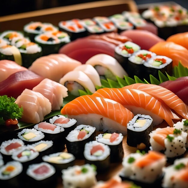 Photo a tray of sushi with different types of sushi