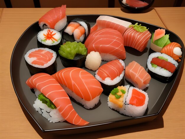 Photo a tray of sushi with one that has sushi on it