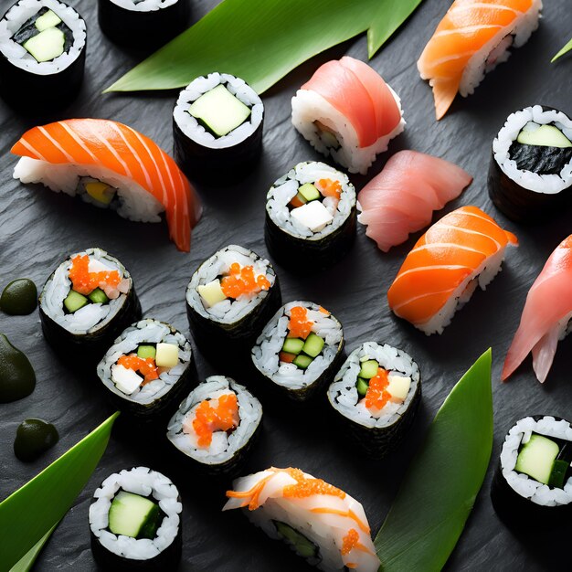 a tray of sushi with sushi on it and chopsticks on it