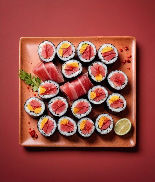 Photo a tray of sushi with sushi on it