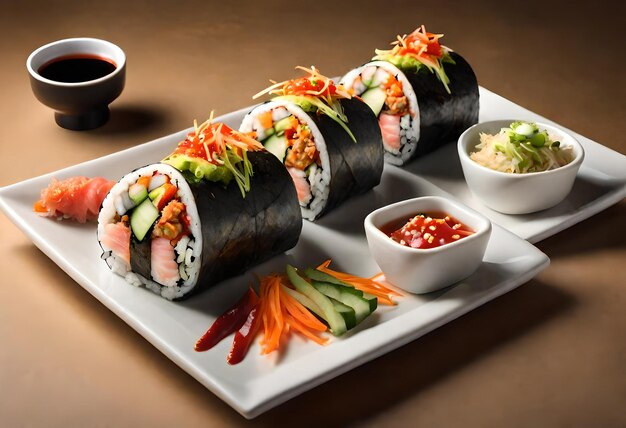 a tray of sushi with sushi and sushi on it