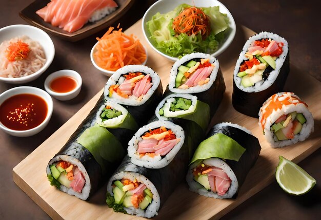 Photo a tray of sushi with sushi and sushi on it