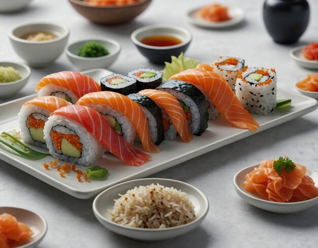 Photo a tray of sushi with sushi and sushi on it