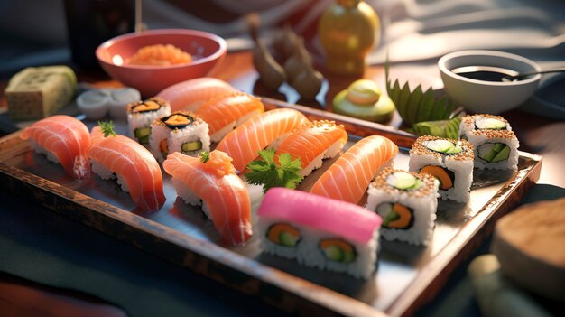 a tray of sushi with sushi and sushi on it