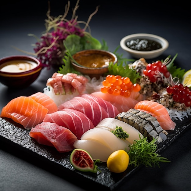 a tray of sushi with sushi and sushi on it.