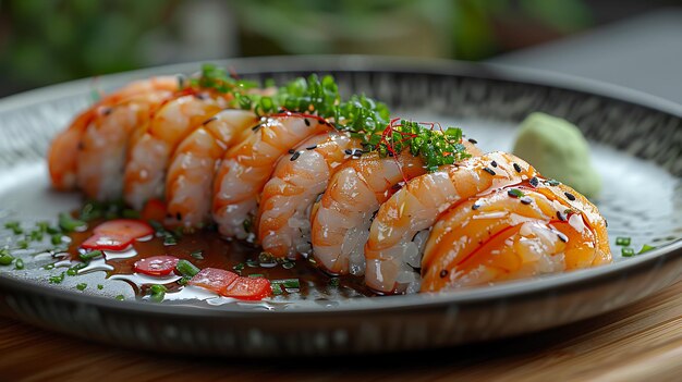 Foto un vassoio di sushi con una varietà di sushi su di esso