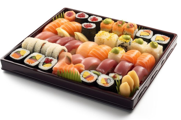 A tray of sushi with the word sushi on it