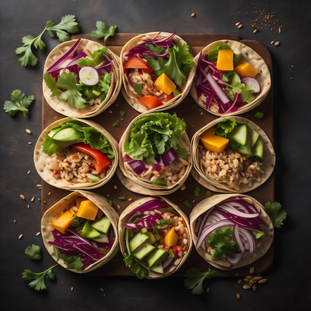 A tray of taco, beans, and lettuce are on a table