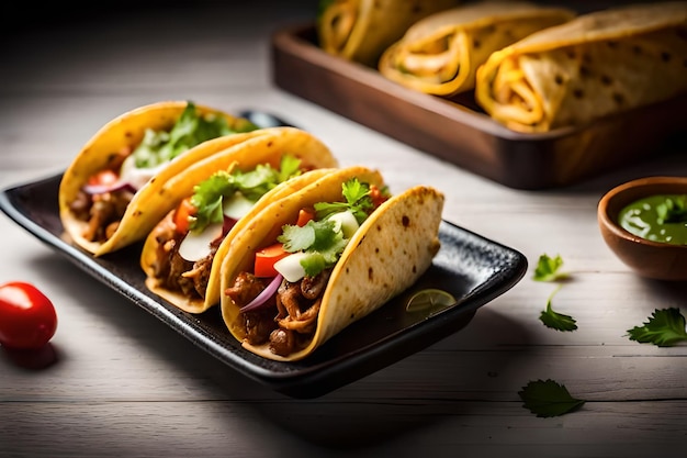 Photo a tray of taco tacos with tortillas on the side.