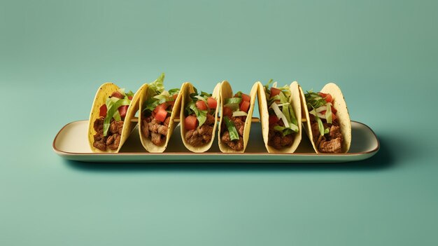 A tray of tacos with a green background