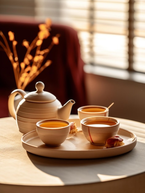 поднос с чаями и чаем на столе с чайником и тарелкой.