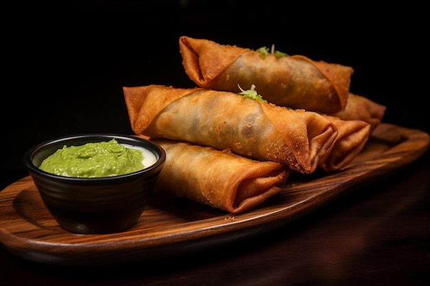 Photo a tray of tortillas with a cup of dip and dip