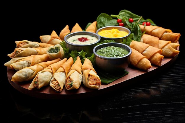 a tray of tortillas with a side of salad and a bowl of dip