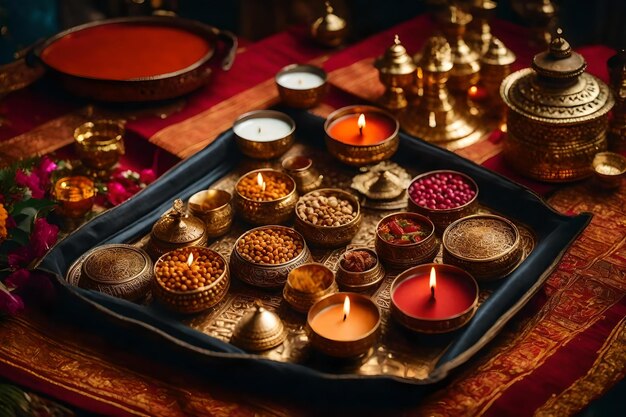 A tray of various spices including one that says