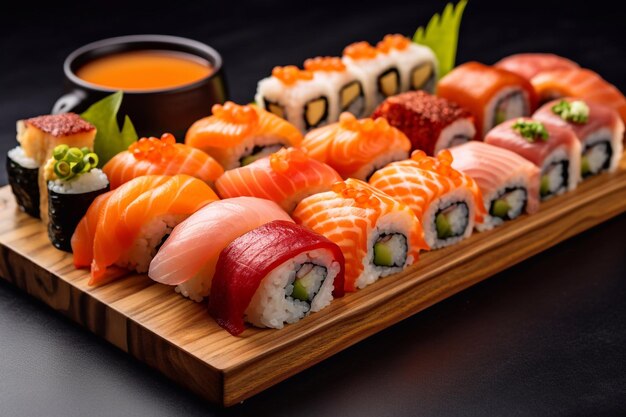 a tray of various types sushi on a table